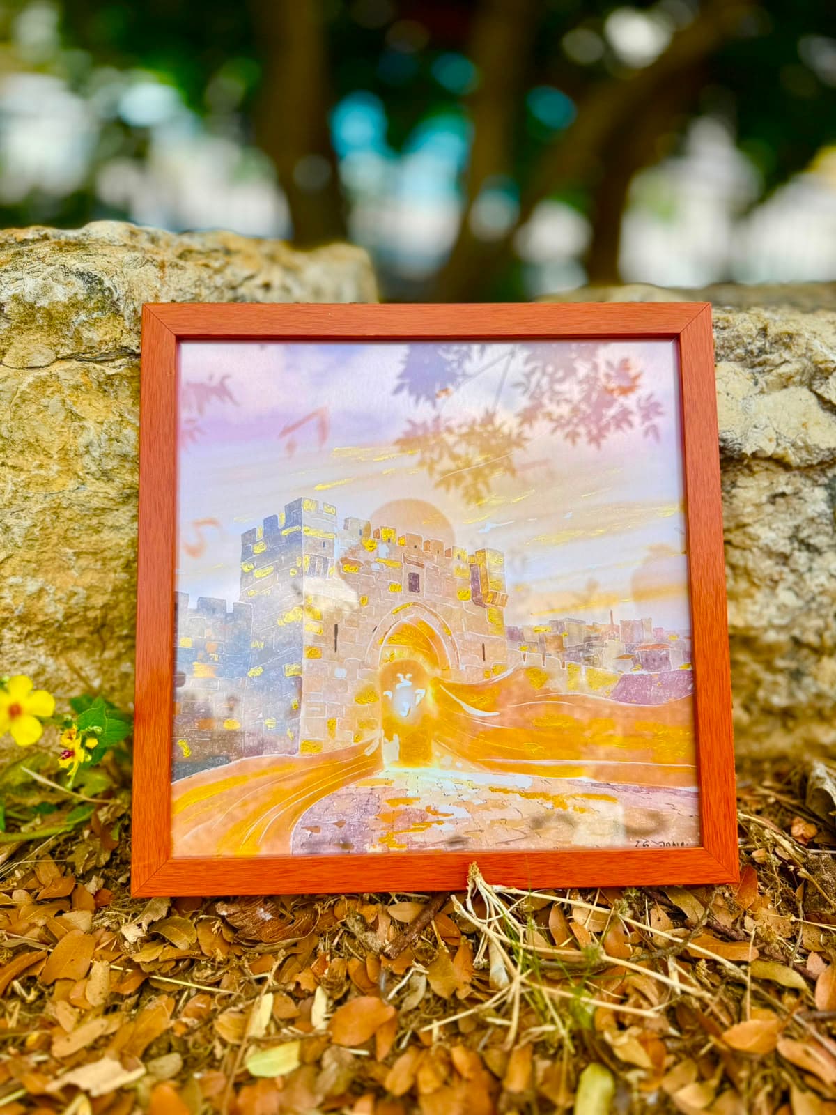 Ufaratza — framed gold-ink artwork of the Old City gates resting on Jerusalem stone