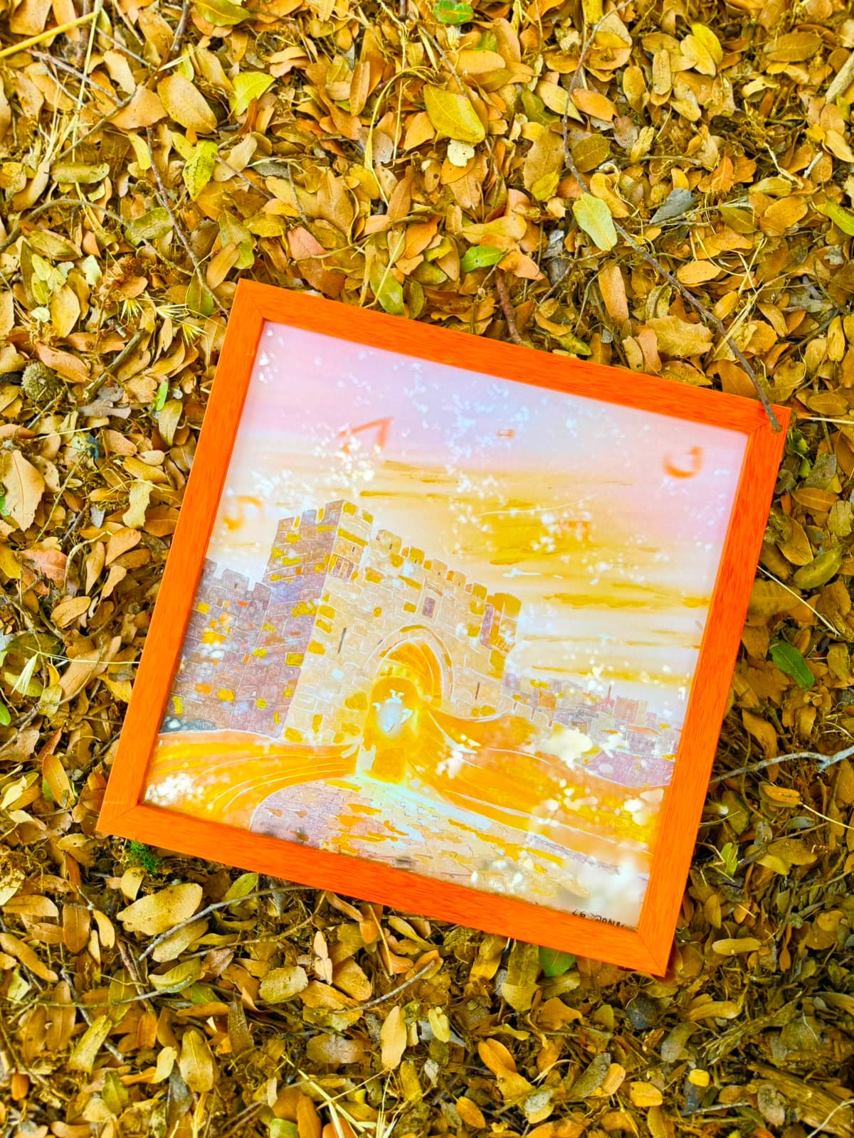 Ufaratza framed artwork laid flat among autumn leaves